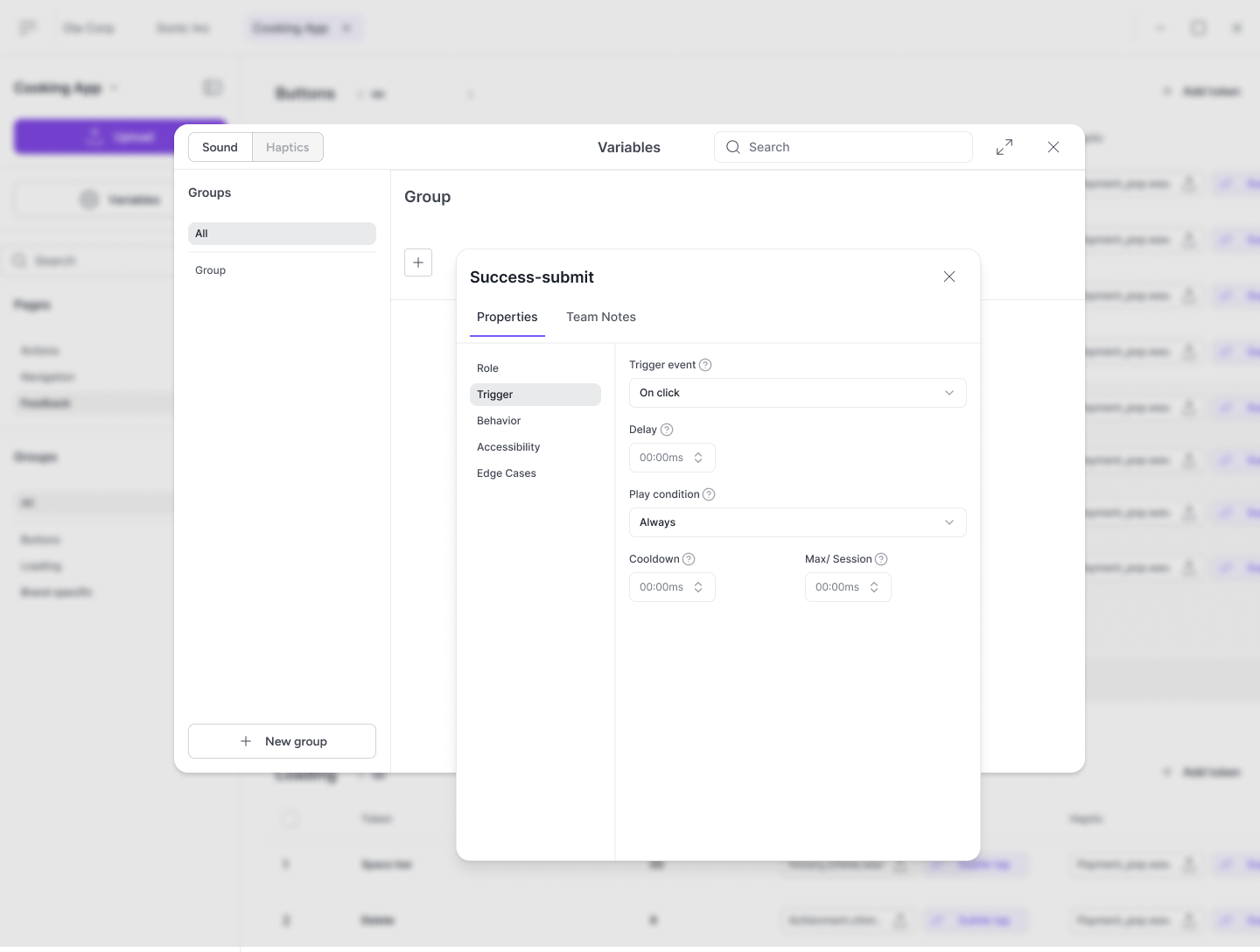 A token detail panel in Vibra — Behavior, Trigger, Accessibility, and Edge Cases all configured in one place.
