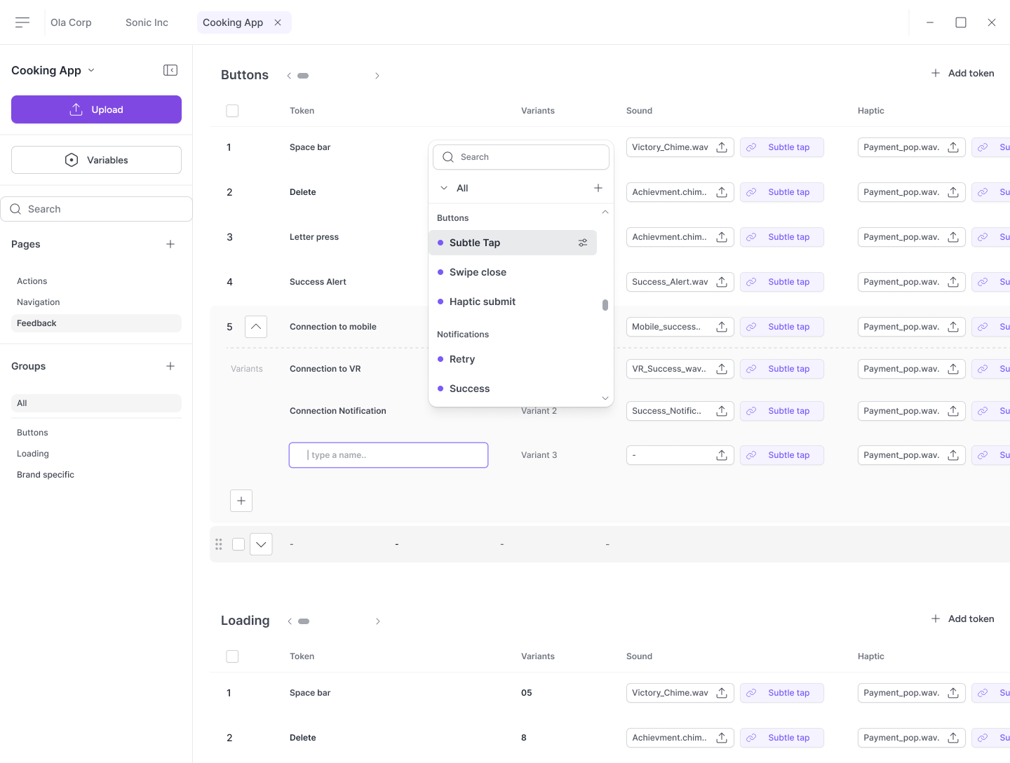 Inside Vibra — the library table with sounds, haptics, variants, and behavior sets in one place.